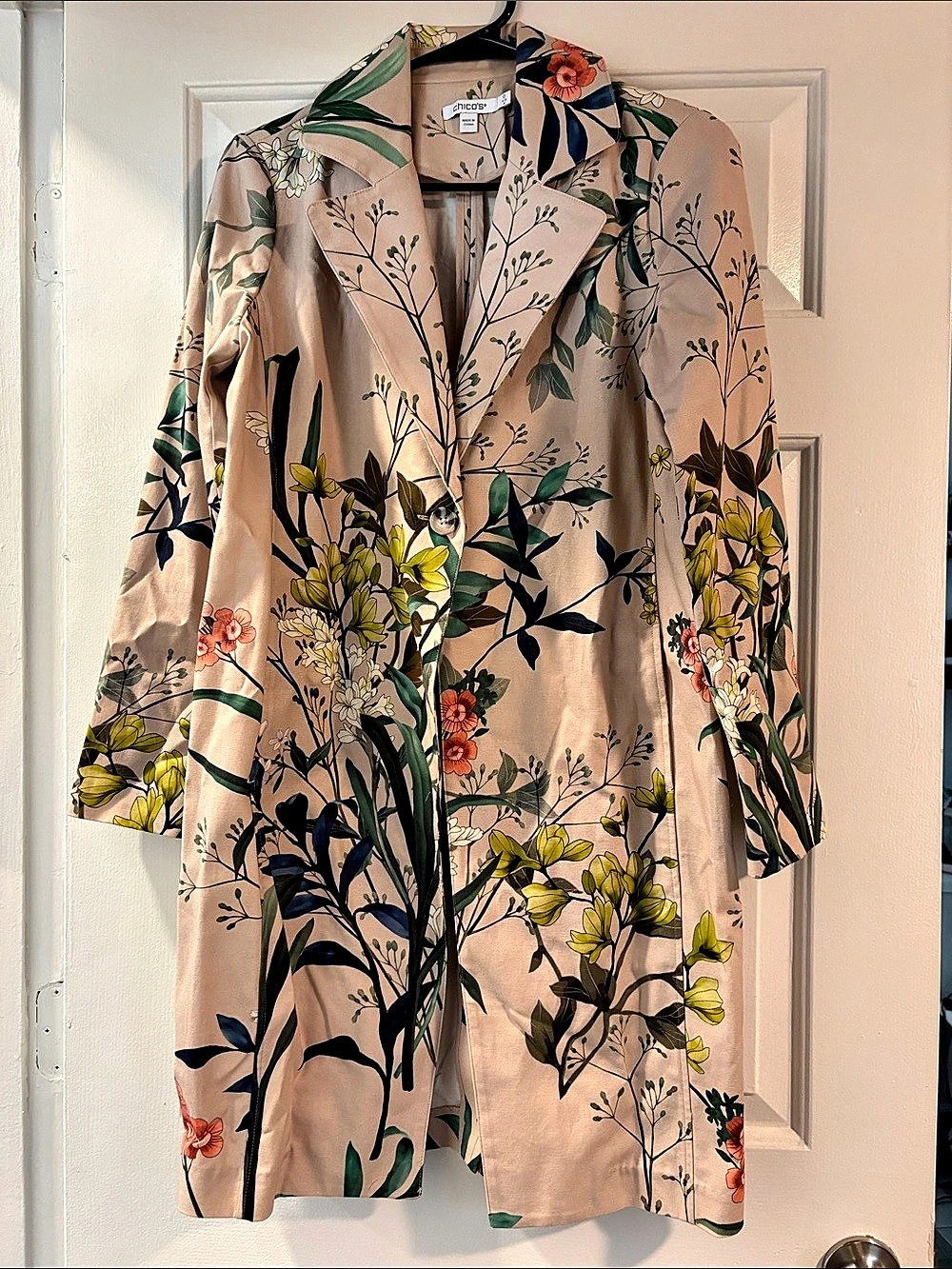 Chico's Floral Trench Coat in tan & Green Size 0 New